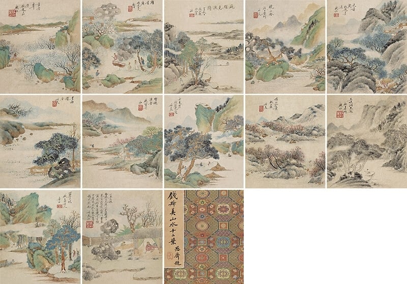 錢杜於丁丑年（1817）為金元鈺作〈臥遊圖冊〉12開冊頁，設色紙本。曾為2014年朵雲軒春拍拍品。