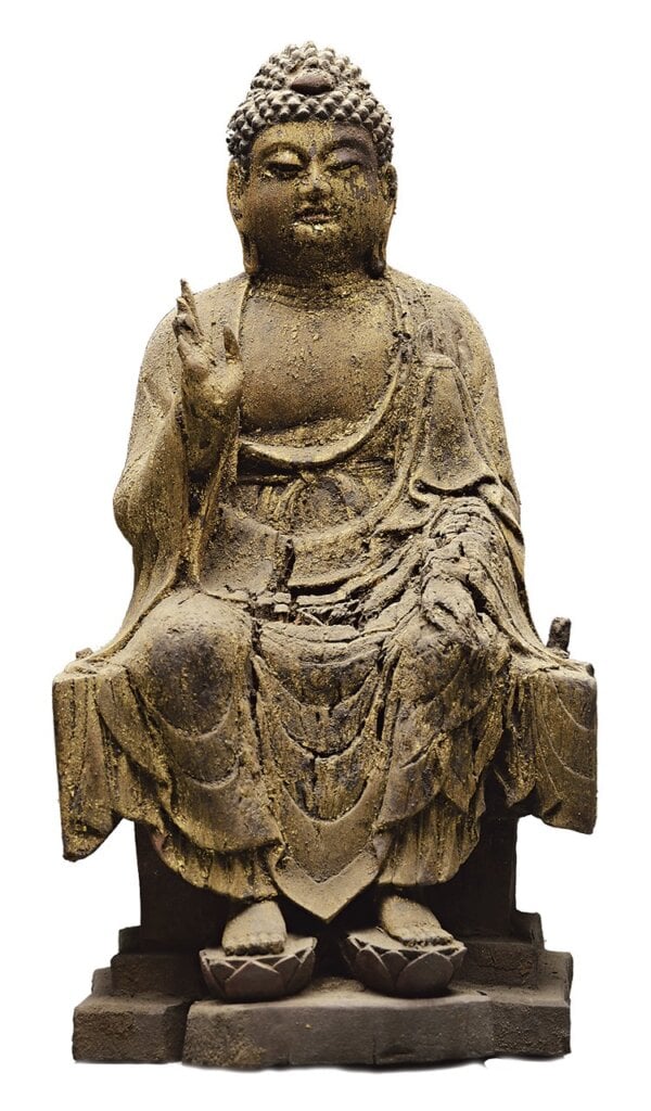 北宋（960～1127）〈木雕釋迦說法像〉，高29.8公分，河北省定州靜志寺塔基出土，定州市博物館藏。
