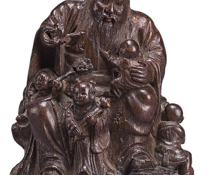 清代朱稚征〈竹根雕多子壽星〉，「三松」款，鴻禧美術館藏。