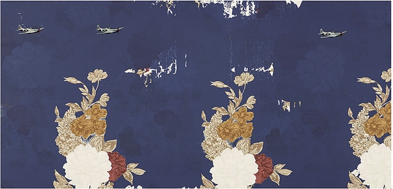 齊簡《花園NO.15-時間序列》．油彩、丙烯、花布．70×145 cm．2015。（藝術家提供）