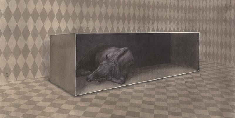 秦艾《盒子裡的黑馬》．紙本設色．64×127 cm．2010。