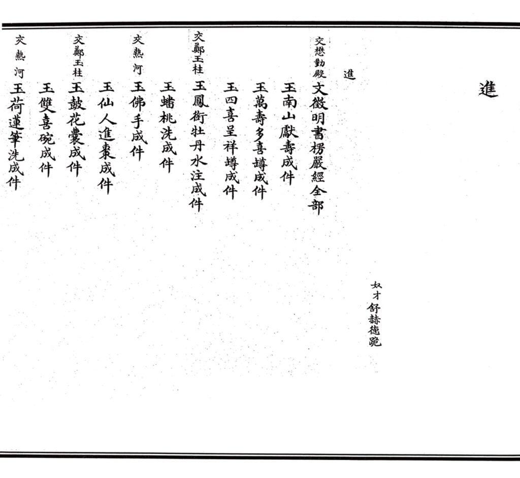 北京第一歷史檔案館所藏舒赫德貢單中的「文徵明書《楞嚴經》全部」便有「交懋勤殿」字樣註記。