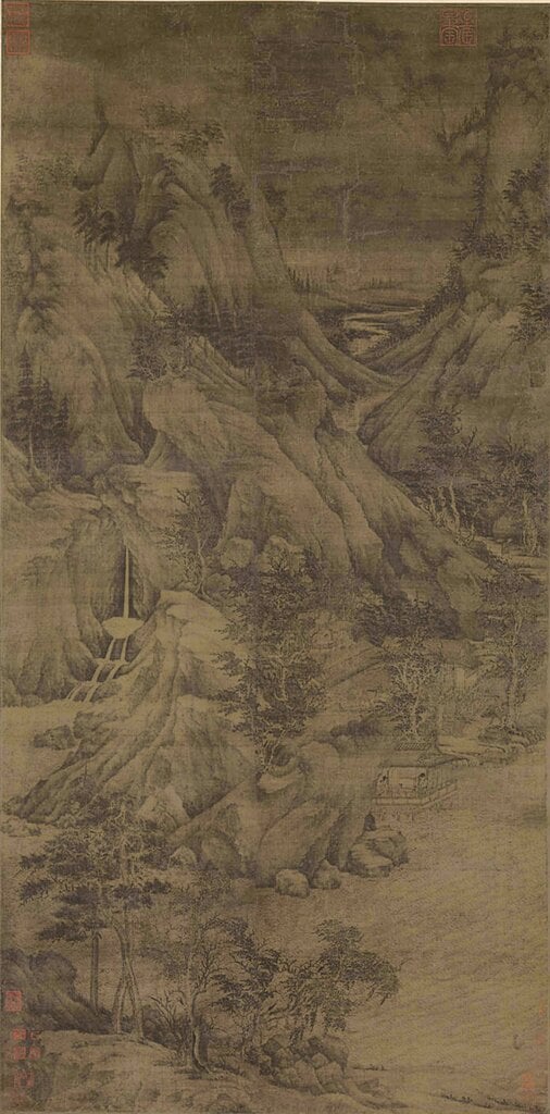 五代傳董元〈溪岸圖〉軸，水墨設色絹本。第二期展期。