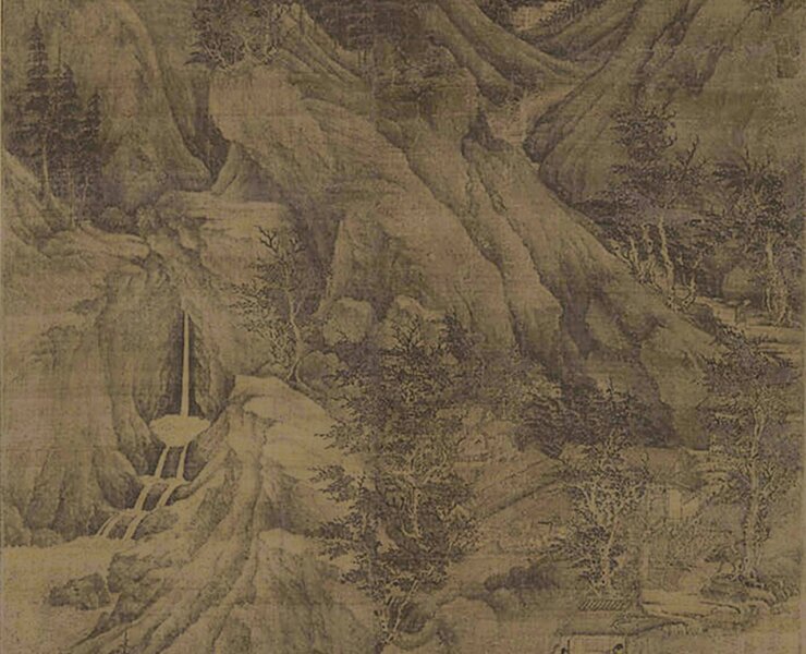 五代傳董元〈溪岸圖〉軸，水墨設色絹本。第二期展期。