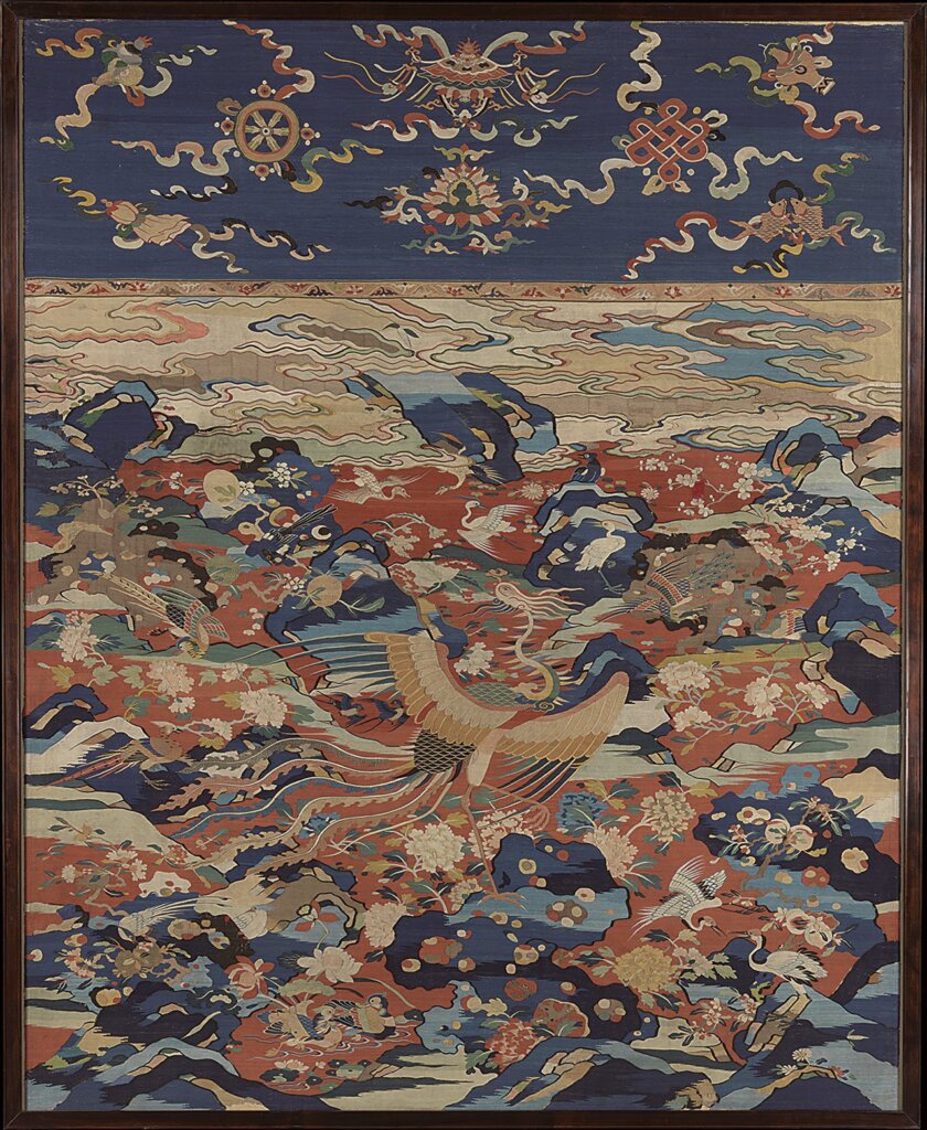 明晚期〈緙絲百鳥朝鳳圖屏〉，224.2×180.3公分。Seymour Fund，1960（60.1）。