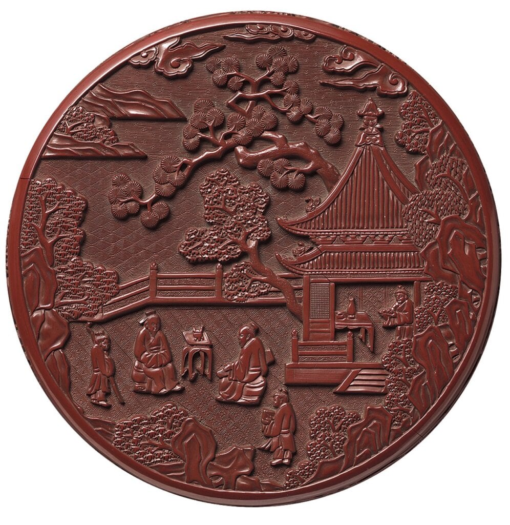 明永樂〈剔紅庭園高士圖漆盒〉。