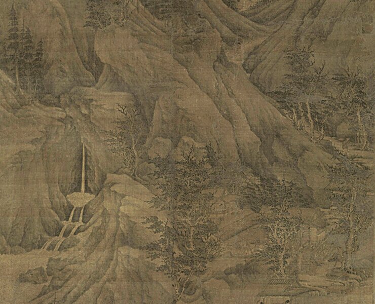約10世紀傳董源〈溪岸圖〉，水墨絹本，221.5×110公分，紐約大都會博物館。