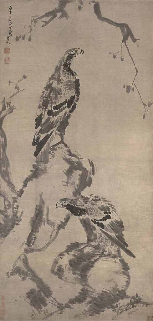 清朱耷（八大山人）約1702年作〈雙鷹圖〉軸，水墨紙本。第一期展期。