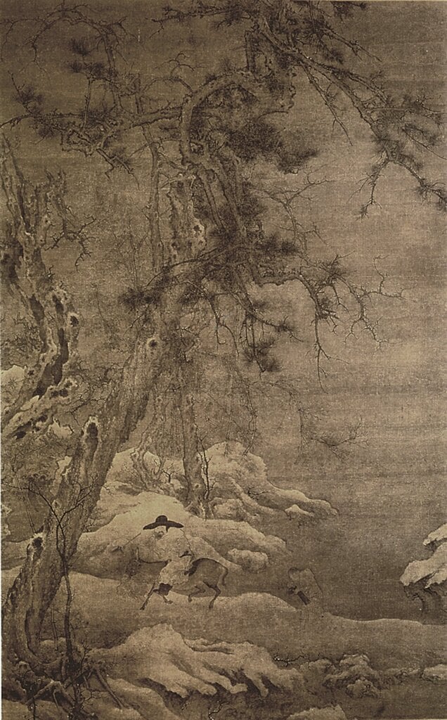 約11世紀傳李成〈寒林策驢圖〉，水墨絹本，161.9×100.3公分，紐約大都會博物館。