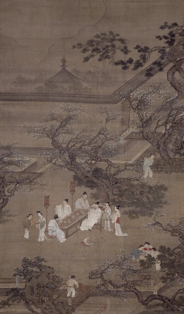 圖7、8 明16世紀仇英〈金谷園桃李園圖〉，絹本著色，日本知恩院藏。