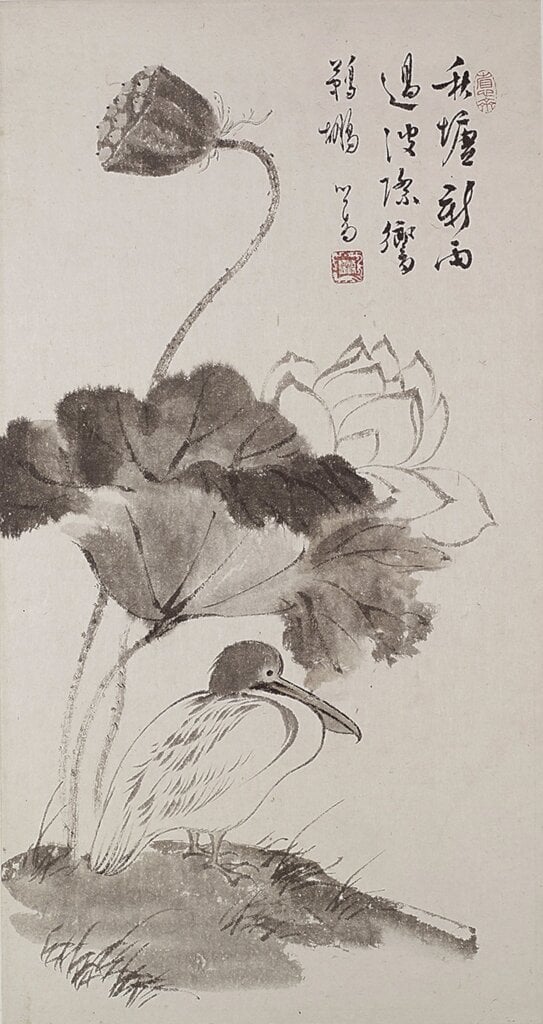 溥心畬約1950年代作〈秋塘鵜鶘〉，56×29公分，台北國立歷史博物館。