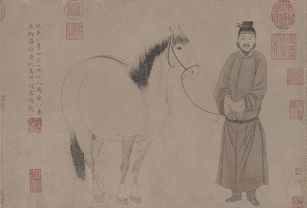 元趙孟頫作於1296年；趙雍、趙麟作於1359年〈吳興趙氏三世人馬圖〉卷，皆為水墨設色紙本。圖為局部。第一期展期。