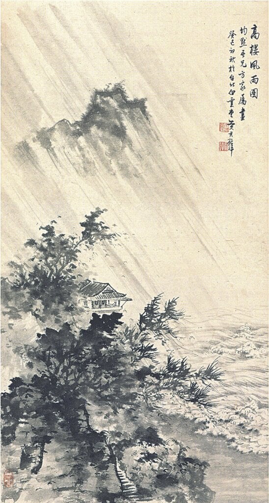 黃君璧1953年作〈高樓風雨圖〉，高約90公分，私人收藏。
