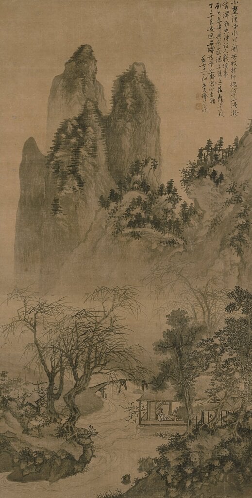明謝時臣嘉靖三十六年（1557）作〈山水圖〉，絹本墨畫淡彩，日本相國寺藏。