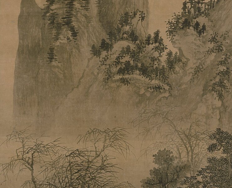 明謝時臣嘉靖三十六年（1557）作〈山水圖〉，絹本墨畫淡彩，日本相國寺藏。