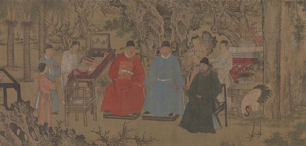 明（傳）謝環〈杏園雅集〉卷，水墨設色絹本。圖為局部。第一期展期。