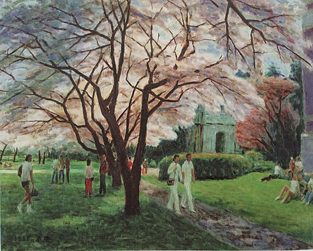 李石樵1985年作〈櫻花樹下〉，91×72.5公分，油彩畫布，私人收藏。