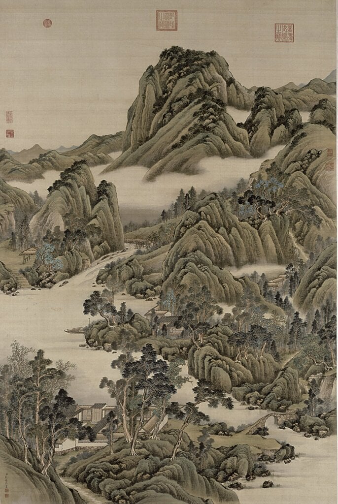 清允禧〈漁莊山舍圖軸〉，絹本設色，縱189公分、橫124.7公分，北京故宮博物院藏。