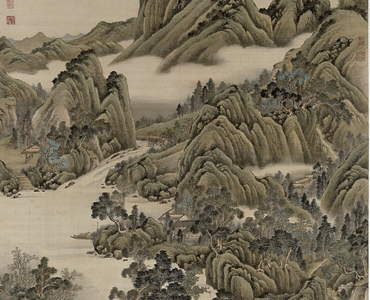 清允禧〈漁莊山舍圖軸〉，絹本設色，縱189公分、橫124.7公分，北京故宮博物院藏。