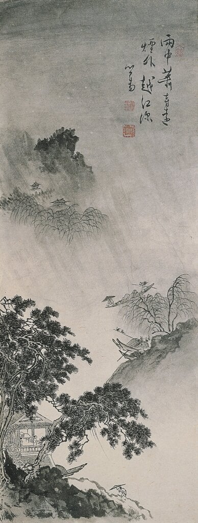溥心畬約1950年代作〈雨中蕭寺〉，70×30公分，台北國立歷史博物館。