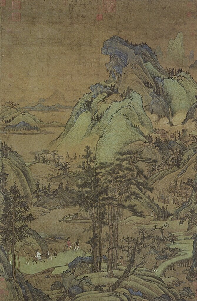 約14世紀傳董源〈江堤晚景圖〉，水墨設色絹本，179×116.5公分，台北國立故宮博物院。