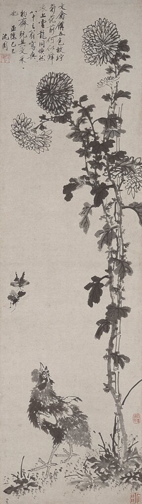 明沈周正德四年（1509）作〈菊花文禽圖〉，紙本墨畫，日本大阪市立美術館藏。
