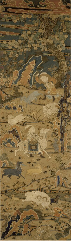 明早期〈刺繡開泰圖〉，213.4×63.5公分。日Purchase，The Dillon Fund Gift，1981（1981.410）。