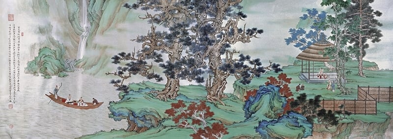 任重2009年作〈秋亭待友圖〉,銀箋紙本設色,91×280公分。2013年於北京翰海拍出成交價人民幣460萬元。