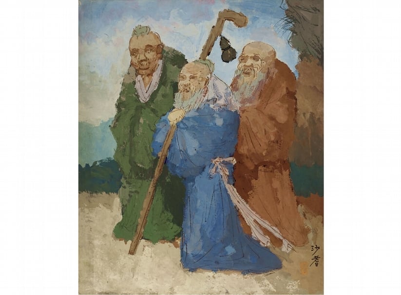 沙耆《福祿壽三星圖》.紙板油畫.55×45.8 cm。圖/中國嘉德