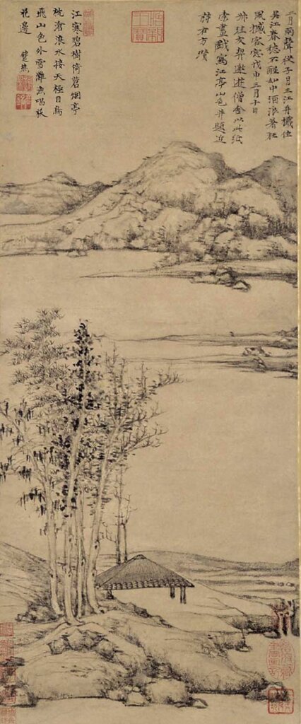 明代謝時臣〈山溪雅集圖〉對軸，水墨設色紙本。