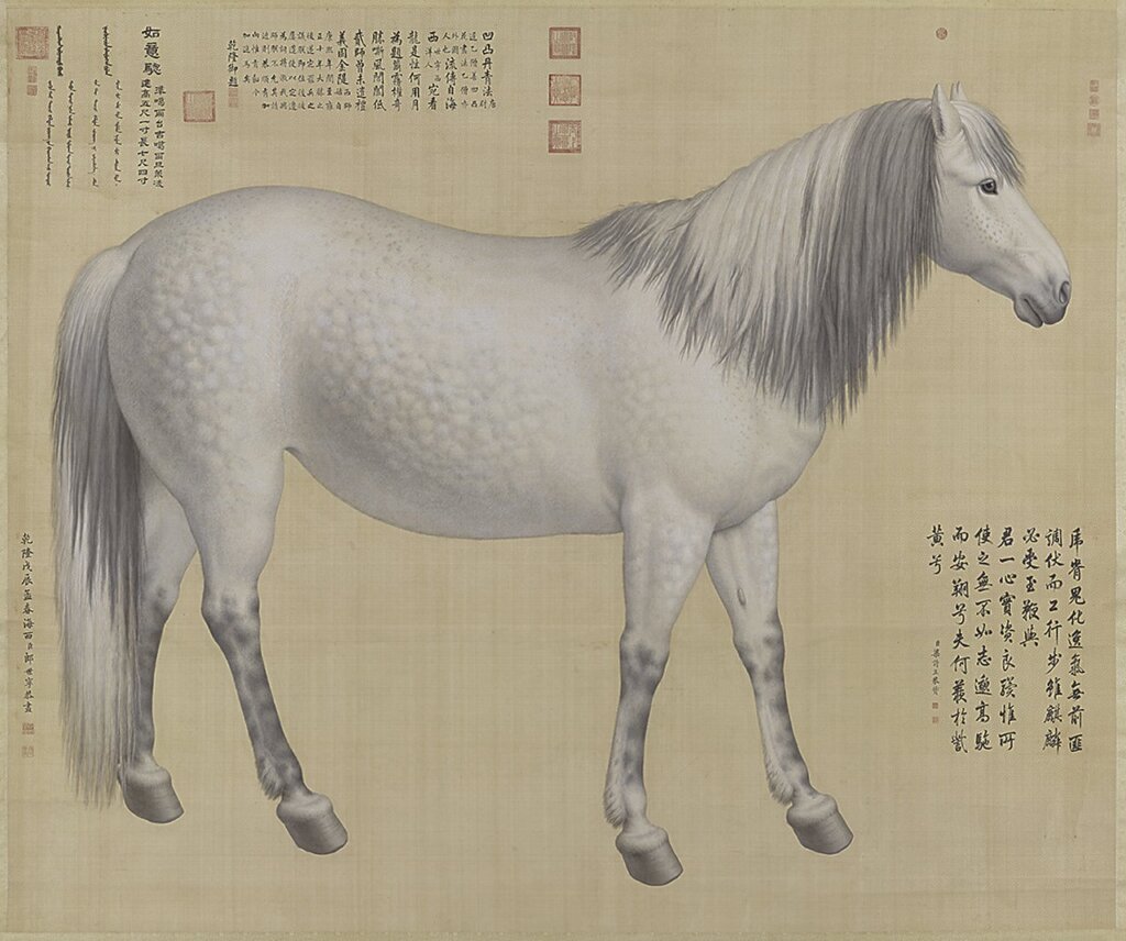 清郎世寧〈畫十駿圖如意驄〉軸，國立故宮博物院藏。