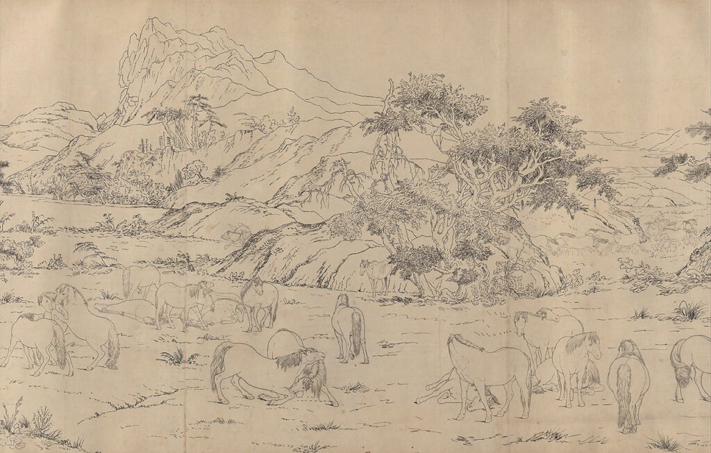 清郎世寧〈百駿圖白描稿〉卷，局部，取自美國紐約大都會藝術博物館官網。