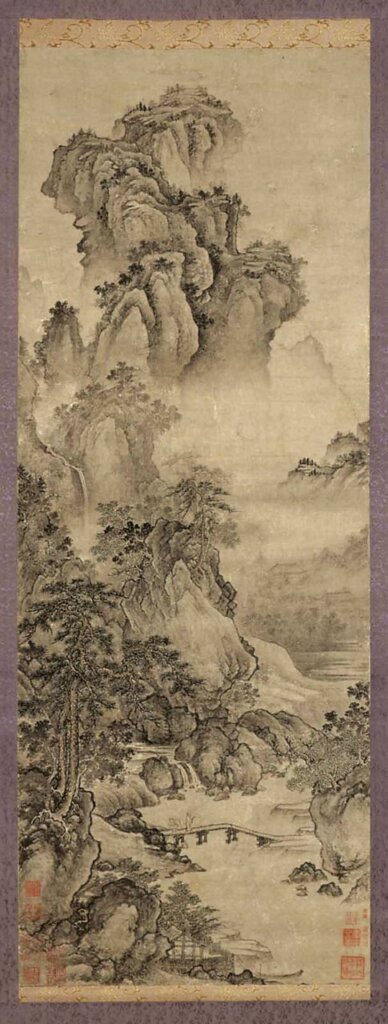 元代倪瓚1368年作〈江亭山色圖〉軸，水墨紙本。