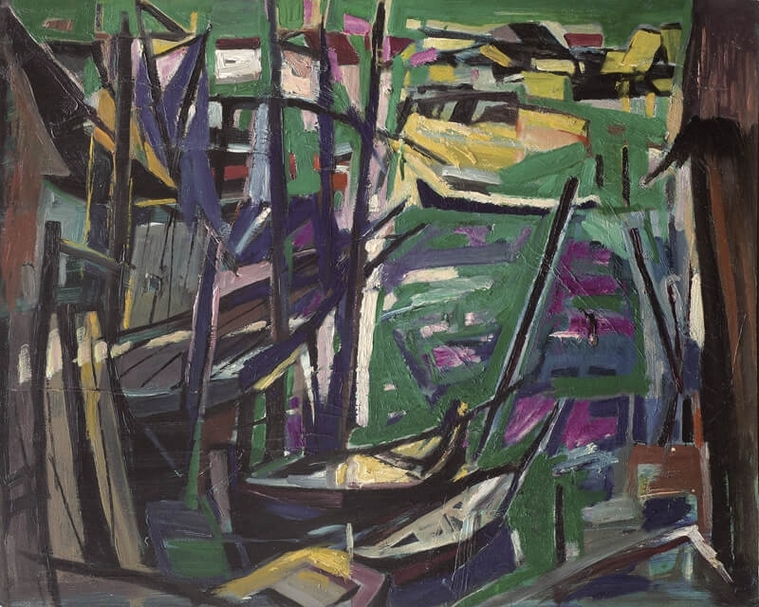 陳文希《漁村》.油彩、纖維板.61×76 cm.約1950年代。