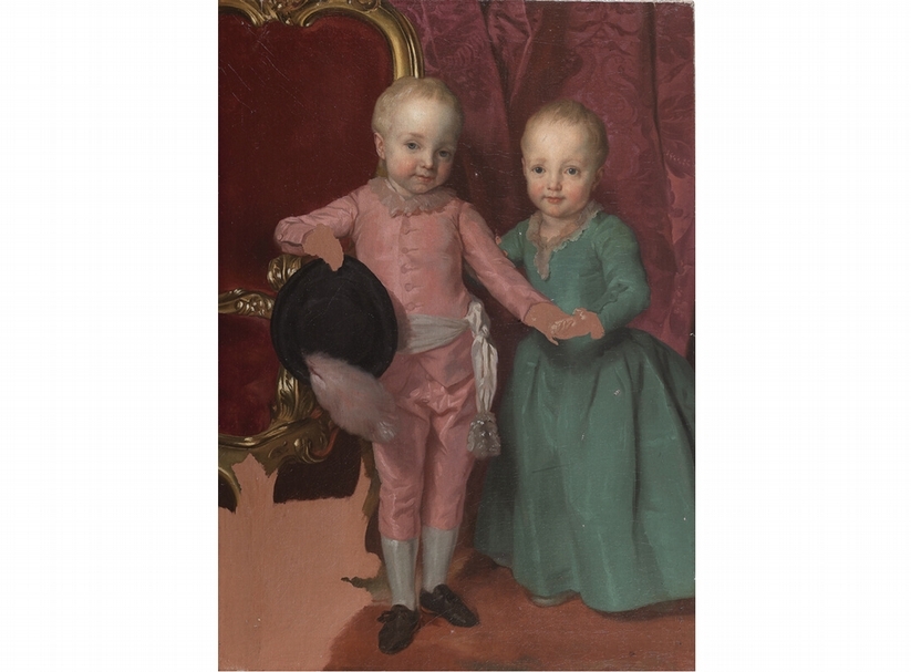 安東．拉斐爾．門斯（Anton Raphael Mengs ，1728，Aussig－1779，羅馬）《斐迪南大公與哈布斯堡洛林的瑪麗亞．安娜公主肖像》．布面油畫．105×75 cm．1770-1771。© CARLO VIRGILIO & C. Gallery
