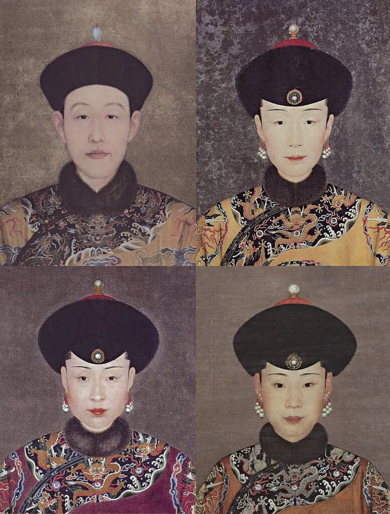 郎世寧帝后半身朝服像：上左〈乾隆皇帝半身朝服像屏〉，法國巴黎吉美博物館藏、上右〈慧賢貴妃半身朝服像屏〉，北京故宮藏、下左〈婉嬪半身朝服像屏〉，北京故宮藏、下右〈純妃半身朝服像屏〉，私人收藏。