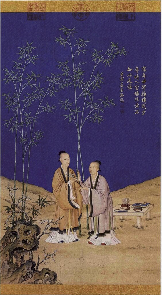 郎世寧〈平安春信〉，北京故宮藏。右中圖6 郎世寧、王致誠、王幼學於1762～1763年作〈寧壽宮貼落〉。
