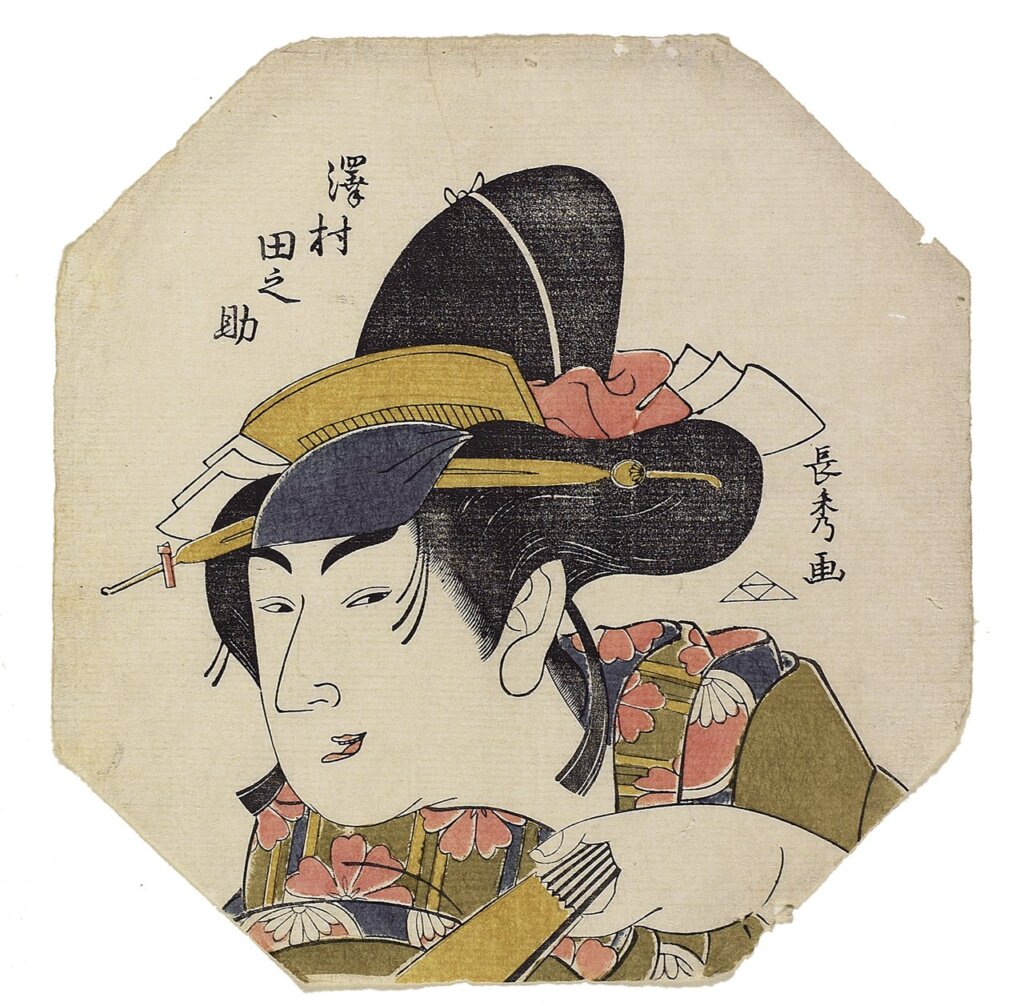 有樂齋長秀1807年作〈二代澤村田之助飾演的腰元千鳥〉，八角團扇判合羽摺。Philadelphia Museum of Art：Gift（by exchange）of Mr. and Mrs. Roderick Seidenberg，1971。攝影╱Mae Belle Vargas。
