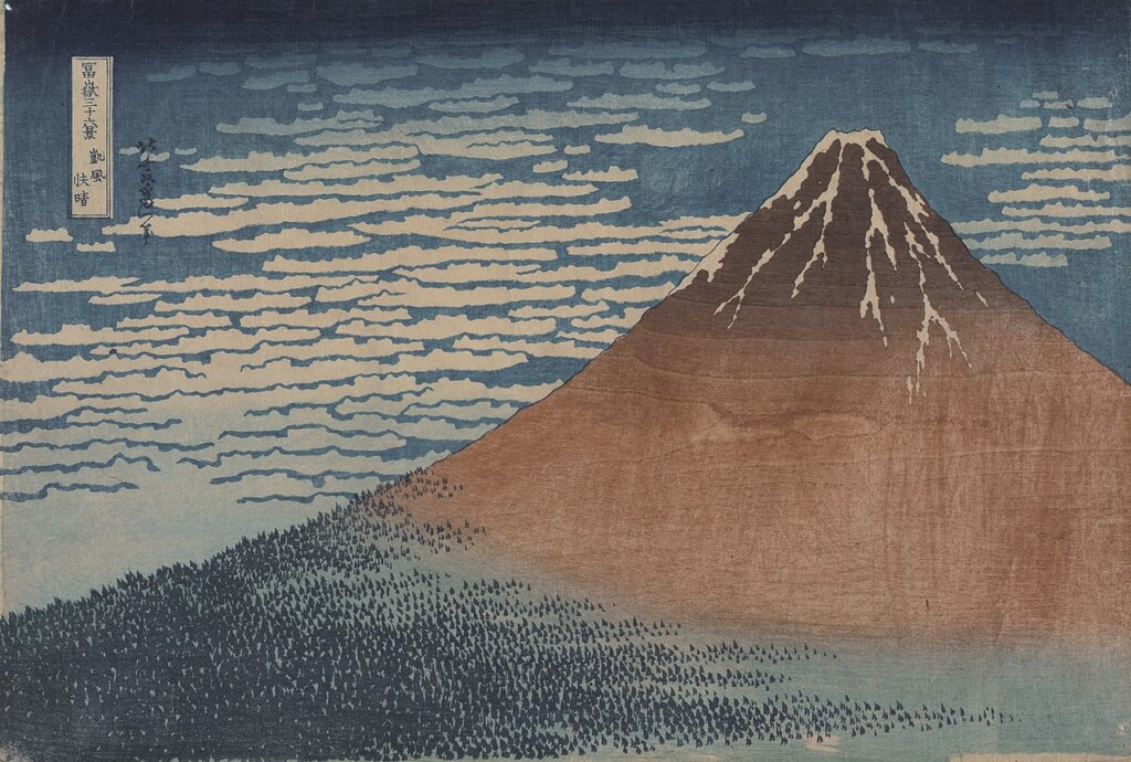 葛飾北齋1830～1832年作〈富嶽三十六景：凱風快晴〉，橫大判錦繪，Philadelphia Museum of Art：Gift of Mrs. Moncure Biddle in memory of Ernest Fenollosa，1958。攝影╱Mae Belle Vargas。