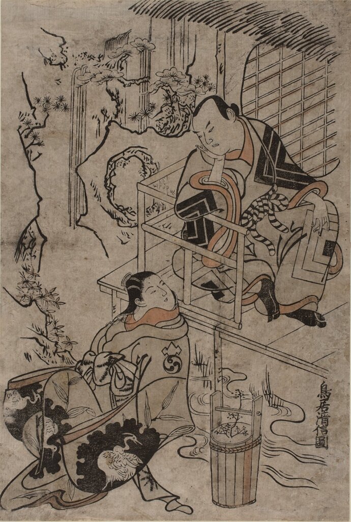 鳥居清信1715年作〈二代市川團十郎所飾演的鳴神上人及中村竹三郎所飾演的雲之絕間姬〉，大判丹繪。Philadelphia Museum of Art：Gift of an anonymous donor for the Henry LaBarre Jayne Collection，1927。攝影╱Mae Belle Vargas。