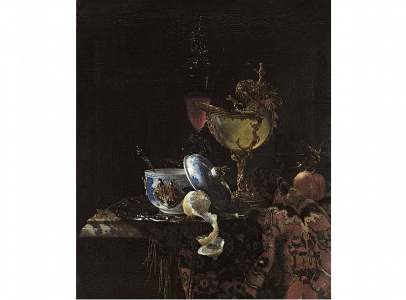 威廉．郜爾夫（Willem Kalf）1662年作〈有中國瓷碗、鸚鵡螺和水果的靜物〉，馬德里提森─博內米撒博物館藏。