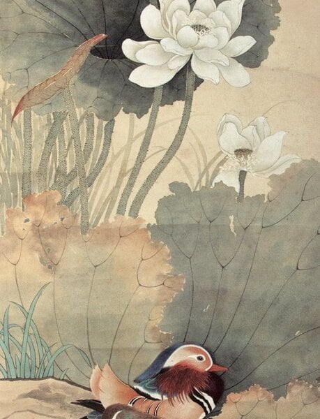 編號74喻仲林1960年作〈荷塘鴛鴦〉，設色紙本立軸，119×39.7公分，成交價新台幣54萬元。