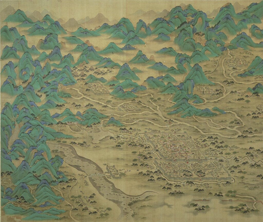 〈京杭運河圖〉（局部），清康熙年間彩繪本，國立故宮博物院藏。圖上繪製京城一帶的地形景觀。