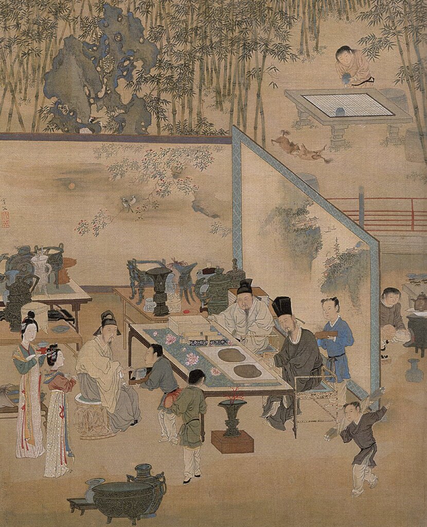 仇英〈竹院品古圖〉,出自〈人物故事圖冊〉,北京故宮藏。