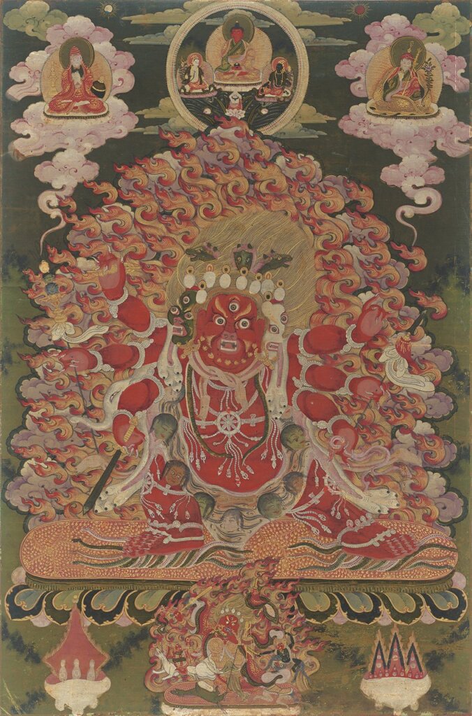 清乾隆宮廷工藝〈紅面六臂馬頭明王唐卡〉,重彩絹本鏡片裝,36.5×55.5公分。
