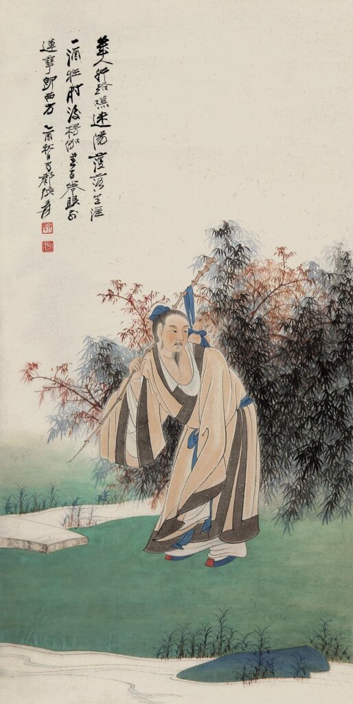 吳湖帆〈仿文待詔松鶴鳴泉圖〉，設色紙本立軸，109×49公分。