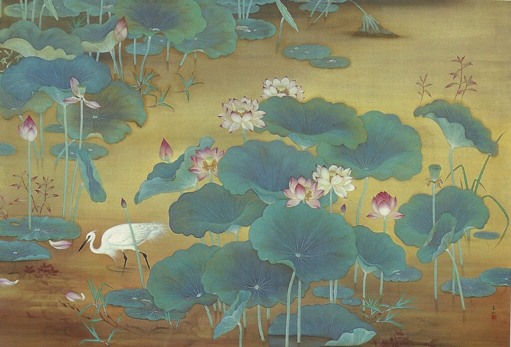 林玉山1930年作〈蓮池〉，147.5×215公分，第四屆台展特選、台展賞，國立台灣美術館藏。