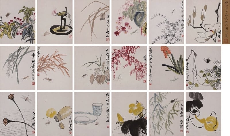 齊白石〈「葉隱聞聲」花卉工筆草蟲冊〉共18開，32×26公分×18，由網路買家競得，成交價人民幣1.15億元。