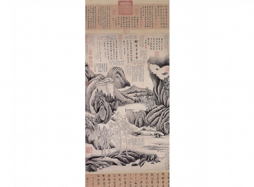 董其昌1597年〈婉孌草堂圖〉軸，111.3×36.8公分，1989年紐約佳士得成交價165萬美元。