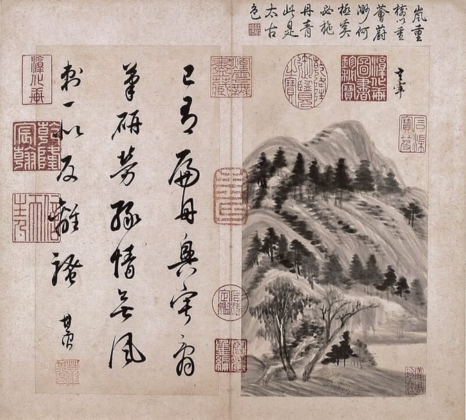 董其昌1620年作〈書畫小冊〉冊，25.5×13.5公分×8，2007年香港佳士得成交價4848萬7500港元。此為其中二開。